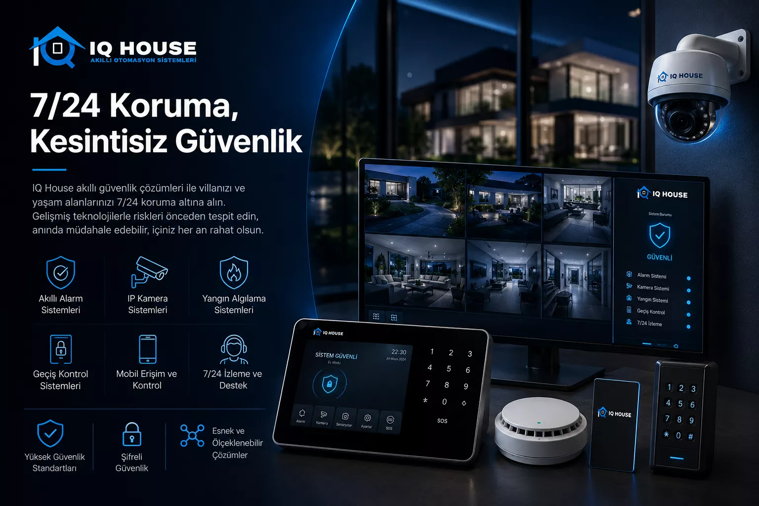 Endüstriyel tesis güvenlik sistemleri — alarm, IP kamera, yangın algılama, geçiş kontrolü ve 7/24 izleme