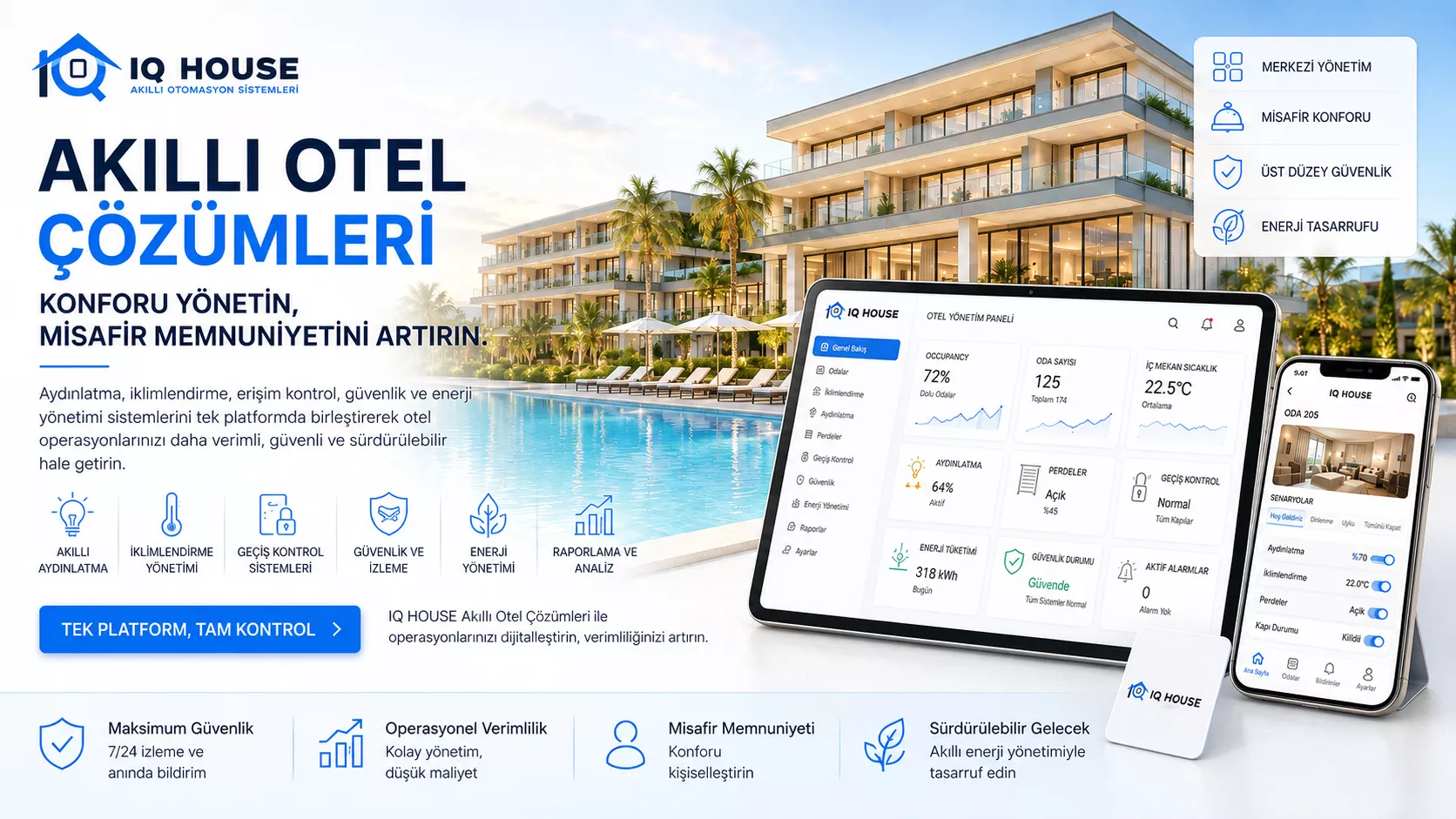 Akıllı otel çözümleri — aydınlatma, iklimlendirme, geçiş kontrolü, güvenlik ve enerji tek platformda
